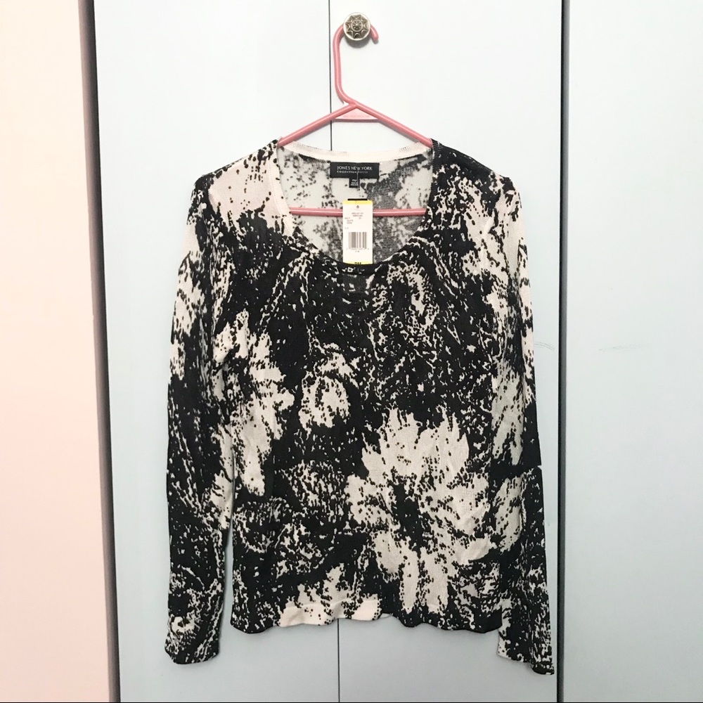 Jones New York Black White Floral Print Knit Shirt
